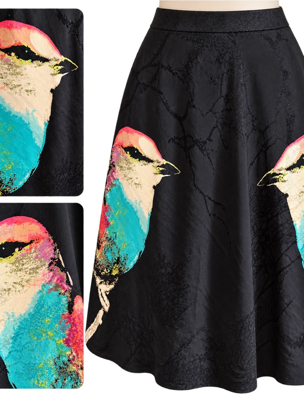 Anthropologie Black Skirt with Teal & Pink Bird Motif - Picture 2 of 5